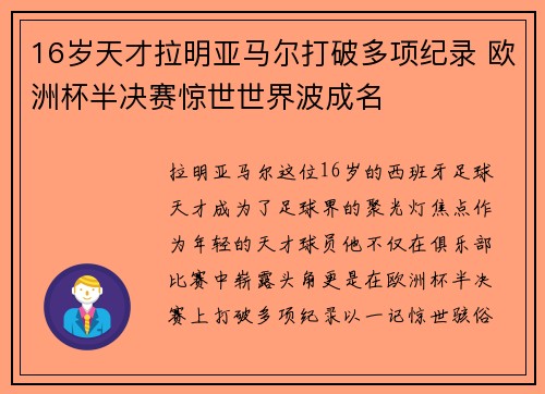 16岁天才拉明亚马尔打破多项纪录 欧洲杯半决赛惊世世界波成名